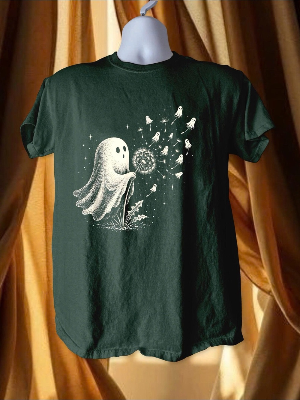 Dark Green Ghost & Dandelion Graphic Tee - Vintage Ghost Boo Halloween